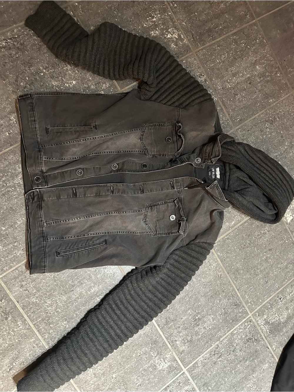 Men's Black Hooded denim Jacket with Knit Sleeves